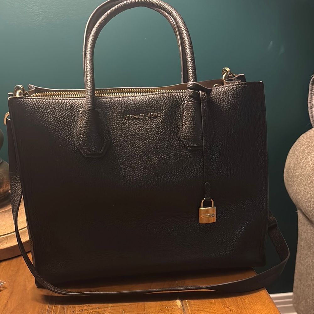 Michael Kors Brown Satchel with Pebbled Leather and Silver Accents